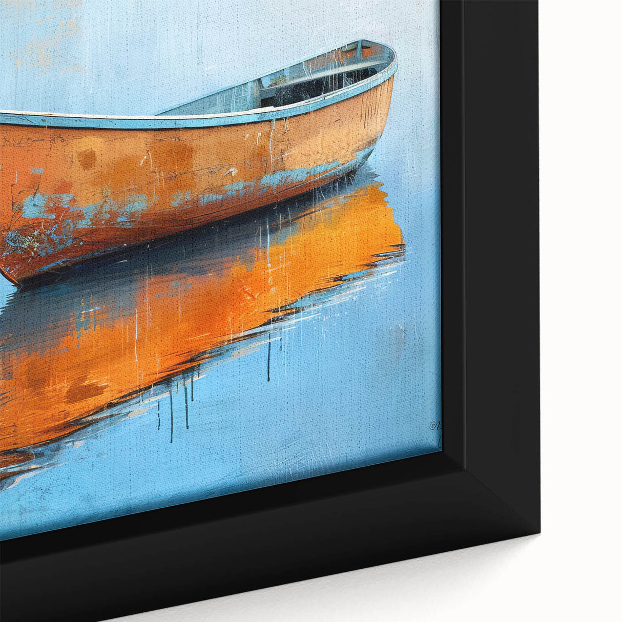 Extra large framed canvas featuring a close-up of a black rowboat with colorful, textured detailing.