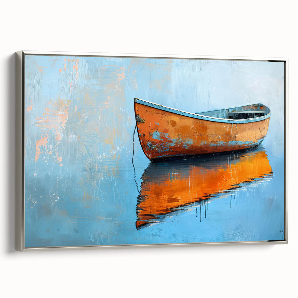 Vintage poster art of a rowboat on water in muted black and silver tones, framed canvas, ideal for living room decor.