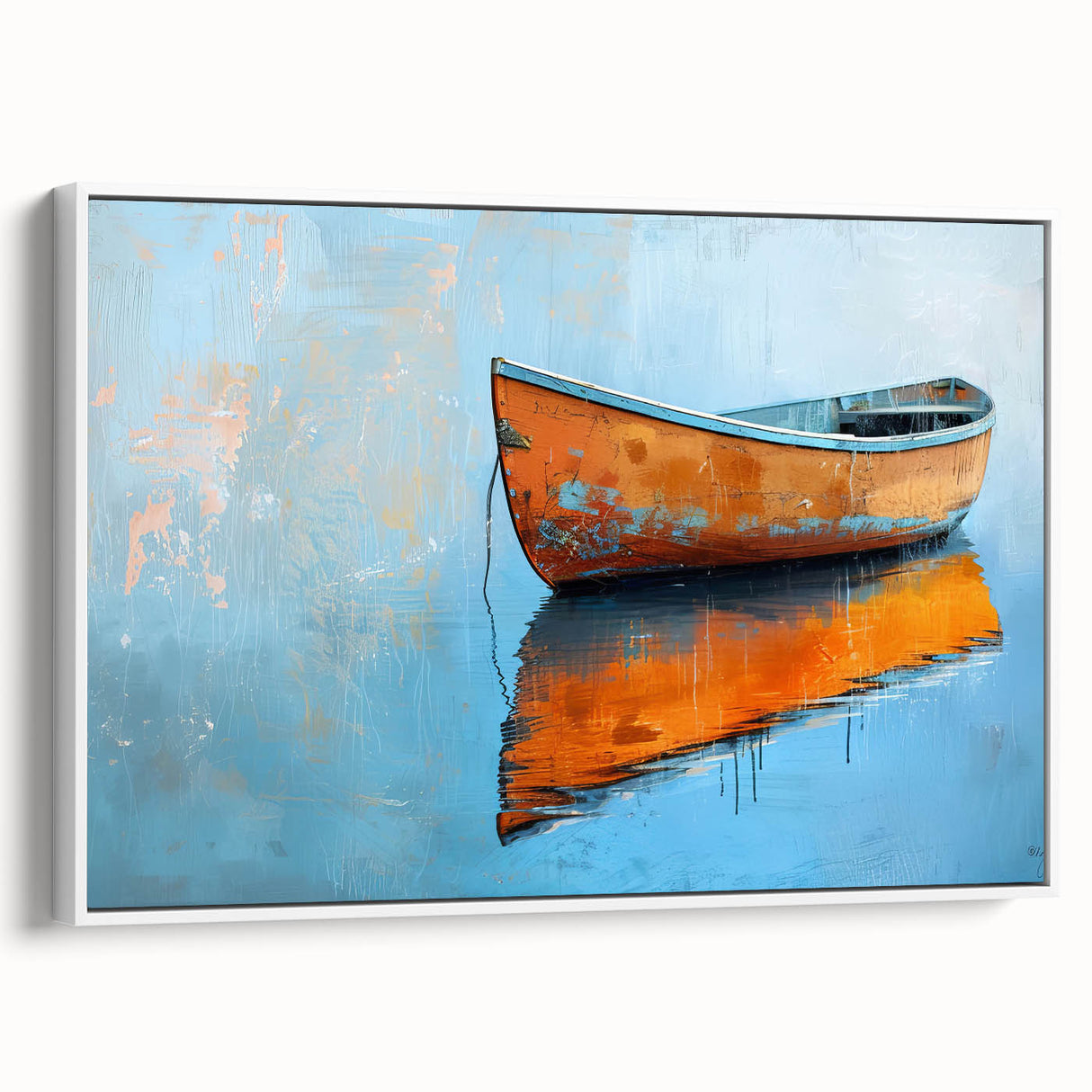 Framed canvas depicting a vintage-style black rowboat on a calm lake, ideal for bedroom wall art.