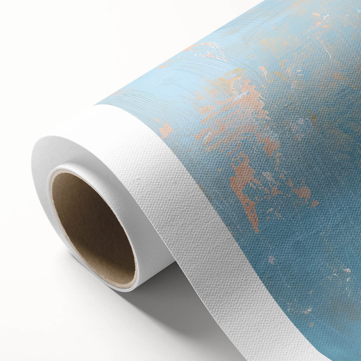 Art deco poster of a rowboat on calm waters in soft blue and gray tones, printed on rolled canvas.