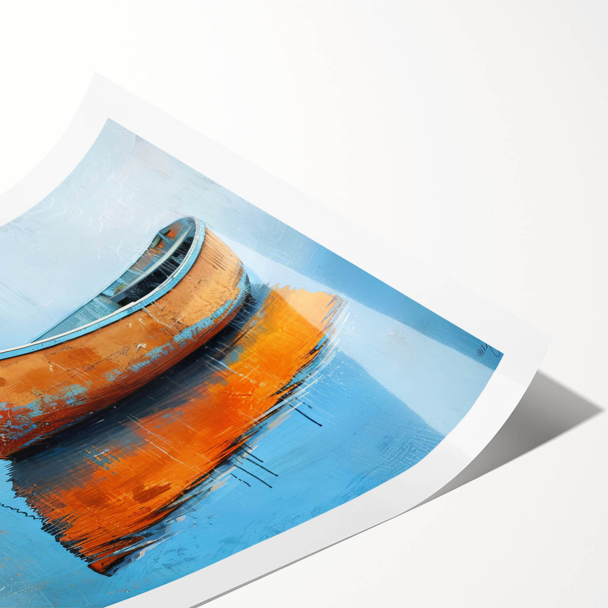 Extra large wall art featuring a rowboat on calm water, executed in muted blues and grays on rolled canvas.