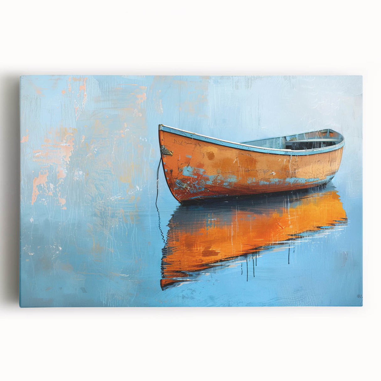 Black and white photo of a rowboat on water, printed on large stretched canvas, suitable for kitchen wall art.