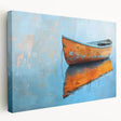 Rowboat on calm water depicted in muted earth tones on a large stretched canvas, suitable for kitchen wall art.