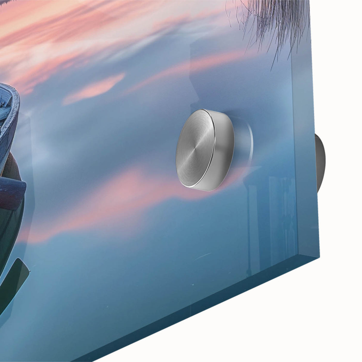 Large abstract wall art print of rowboats, mid-century modernist style in muted blues and grays on acrylic glass.