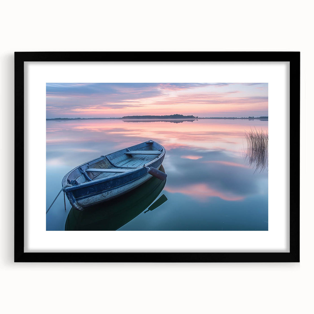 Abstract art print of a colorful rowboat, textured appearance on a large canvas with a black frame.