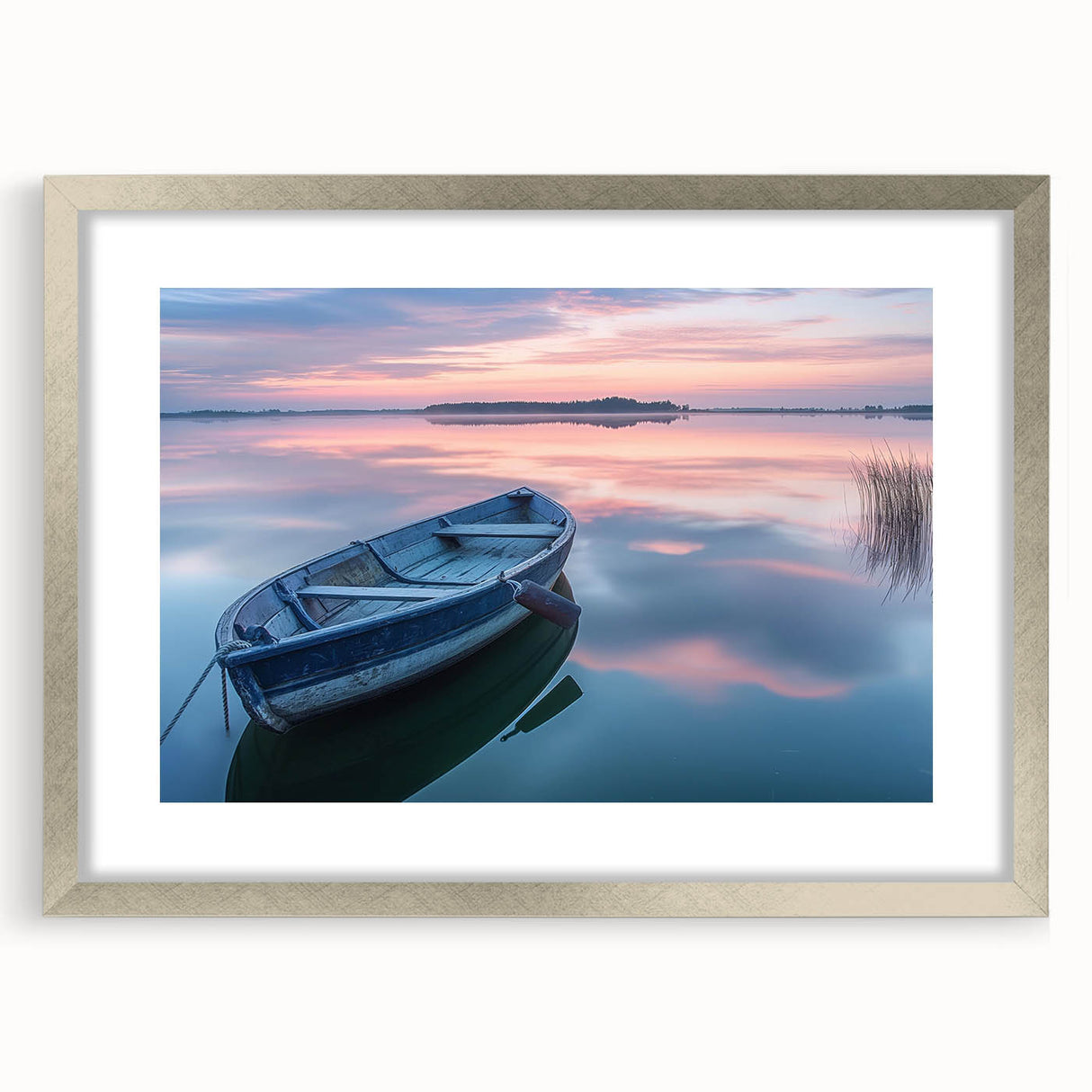 Abstract art print of a rowboat in muted blue and gray tones on a silver-framed canvas, suitable for dining room decor.