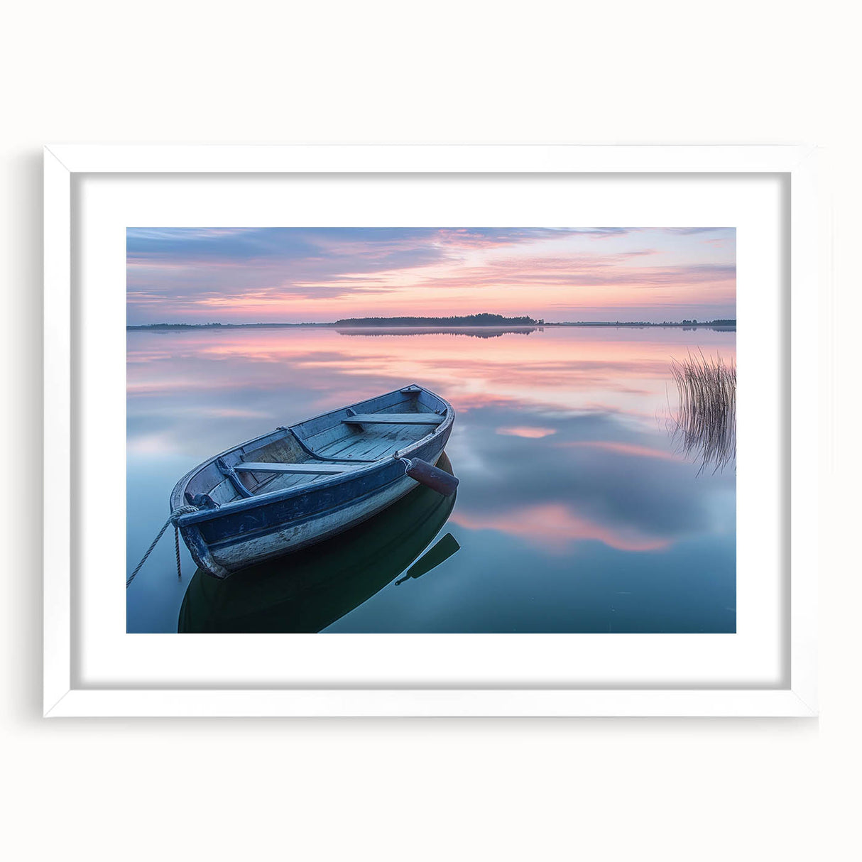 Extra large abstract art print of a rowboat, featuring textured blue and gray hues on a white framed canvas.