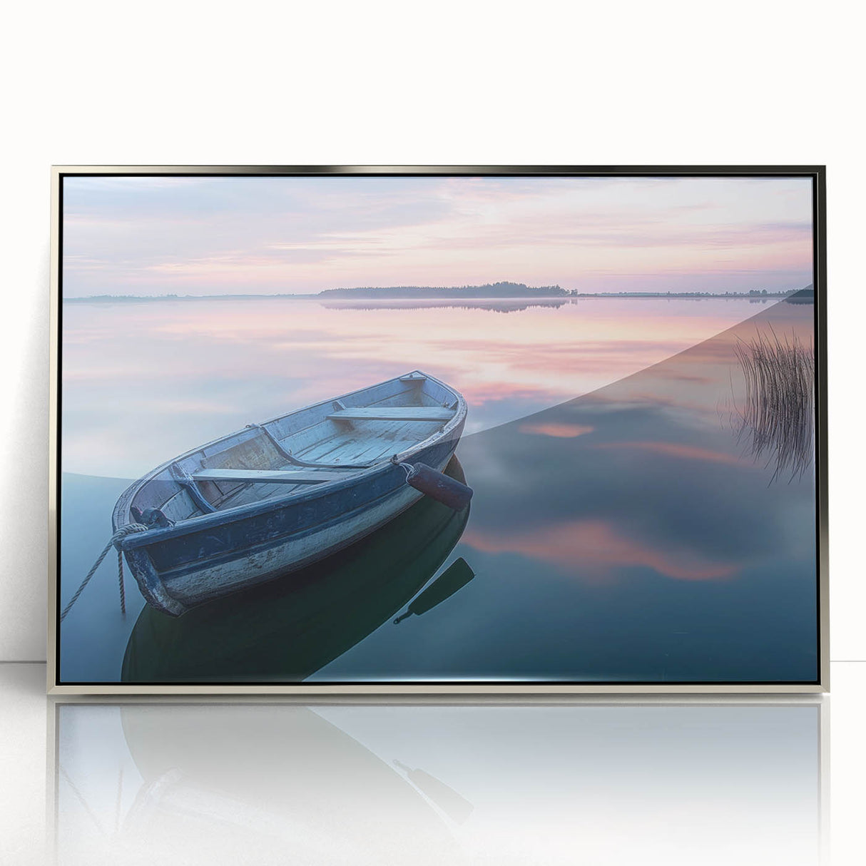 Art deco poster of a silver rowboat on acrylic, with muted blue and gray tones, ideal for modern nursery wall decor.
