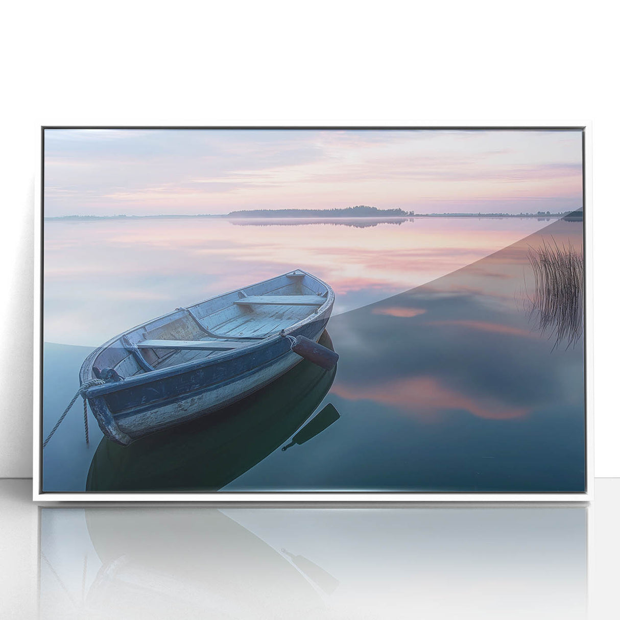 Mid-century modernist style rowboat depicted in muted blue and white tones on a framed acrylic print.