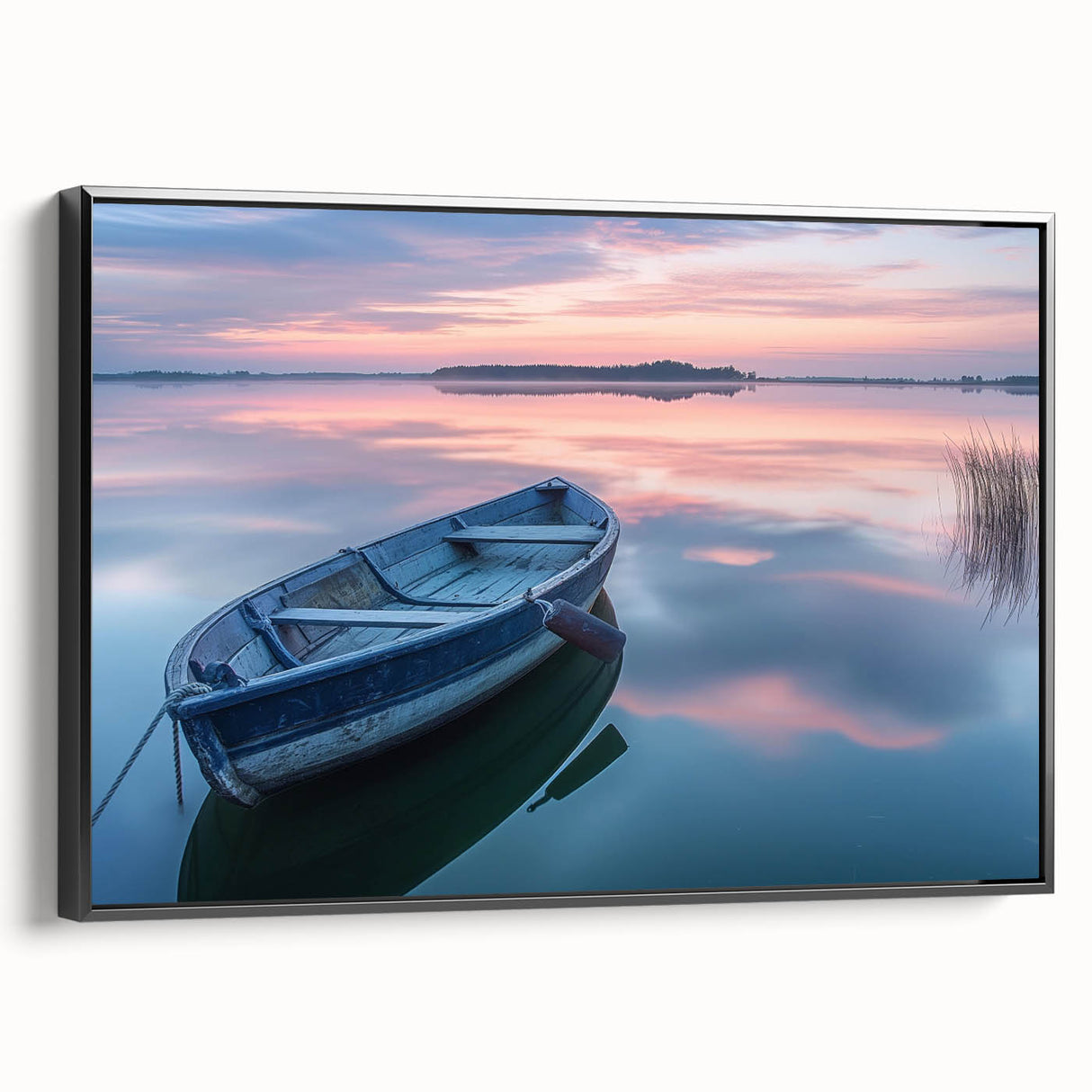 Black and white framed canvas featuring a vintage rowboat on a calm lake, ideal for bedroom wall art.