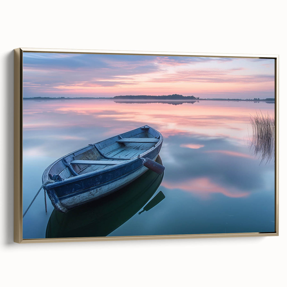 Framed canvas featuring a vintage poster of a rowboat on a lake, rendered in black with colorful accents.