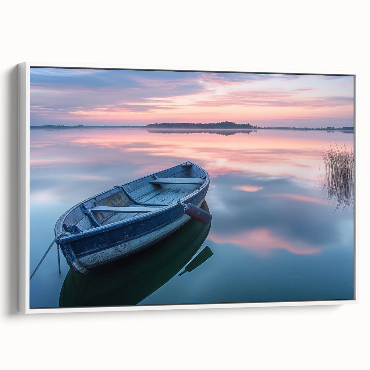 Framed canvas of a vintage-style landscape featuring a rowboat, in muted black and white, ideal for bedroom wall art.