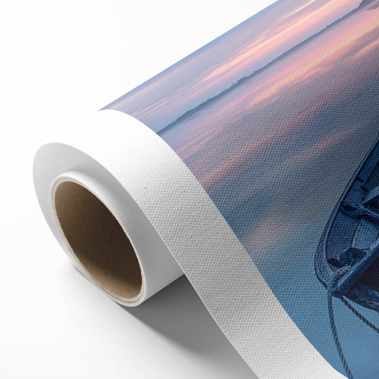 Art deco style poster of a rowboat on water in muted blue and gray tones on rolled canvas, ideal for nursery wall art.