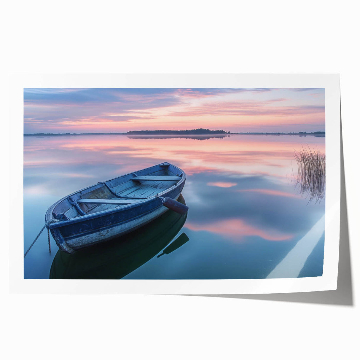 Rolled print of a rowboat on calm water in muted blue and gray tones, ideal for art wall dining room.
