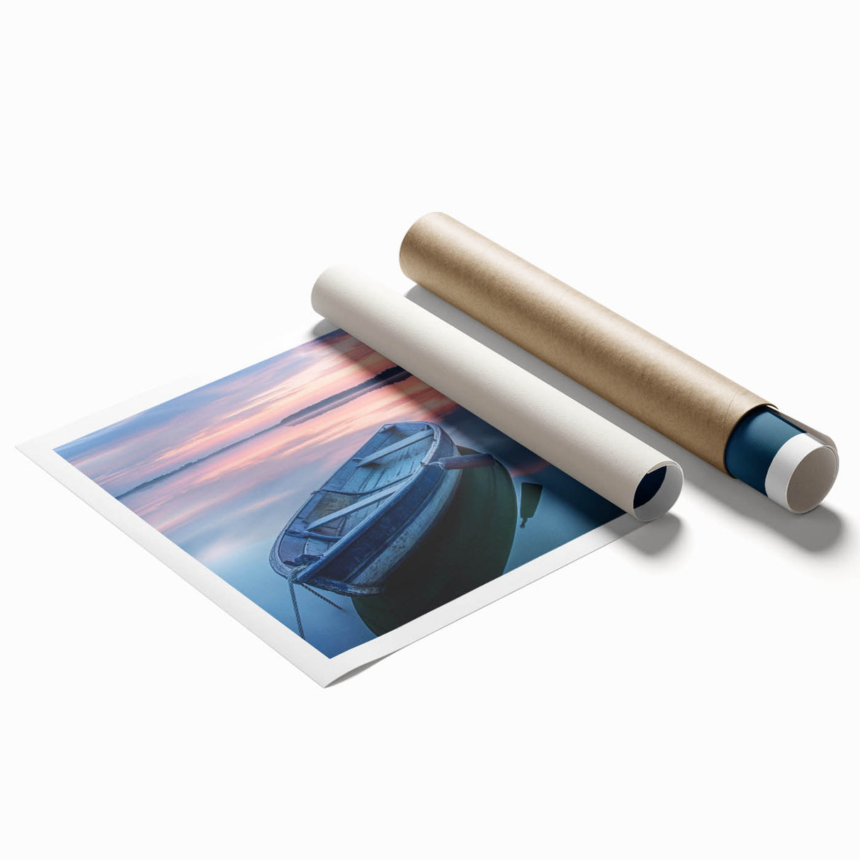 Rolled print of a rowboat on calm waters in muted blue and gray tones, suitable for bathroom decor.