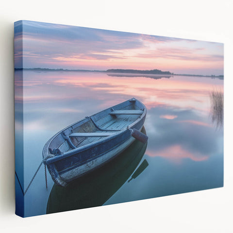 Rowboat on calm water canvas art in serene blue and gray tones, ideal for kitchen wall decor.