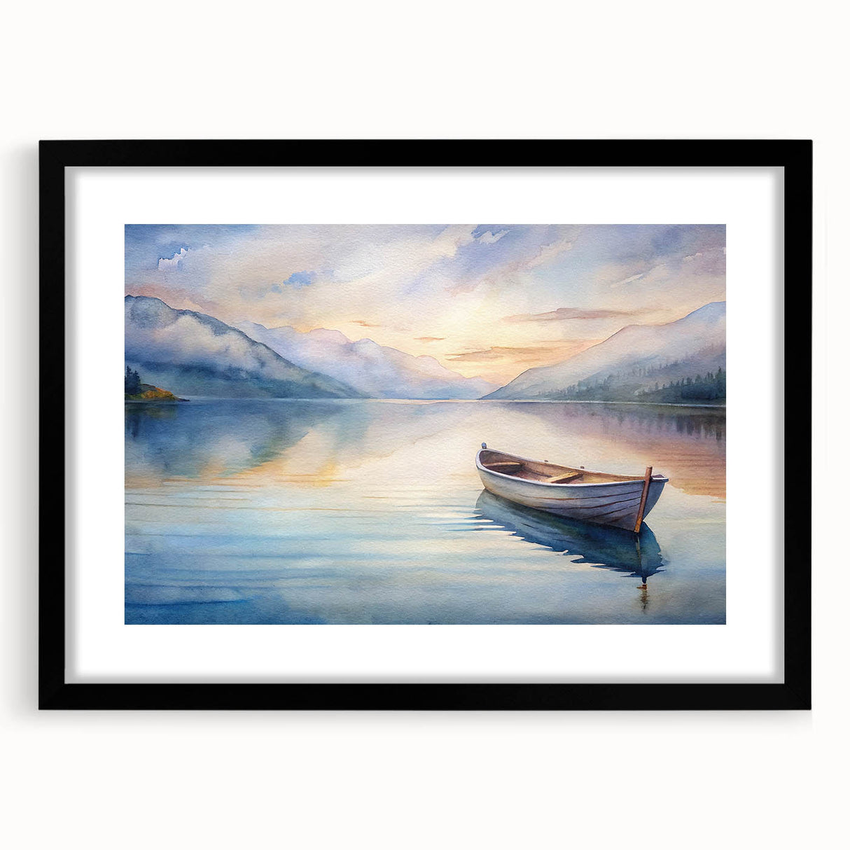 Abstract art print of a colorful rowboat in vibrant hues on textured canvas, framed in black, ideal for living room decor.