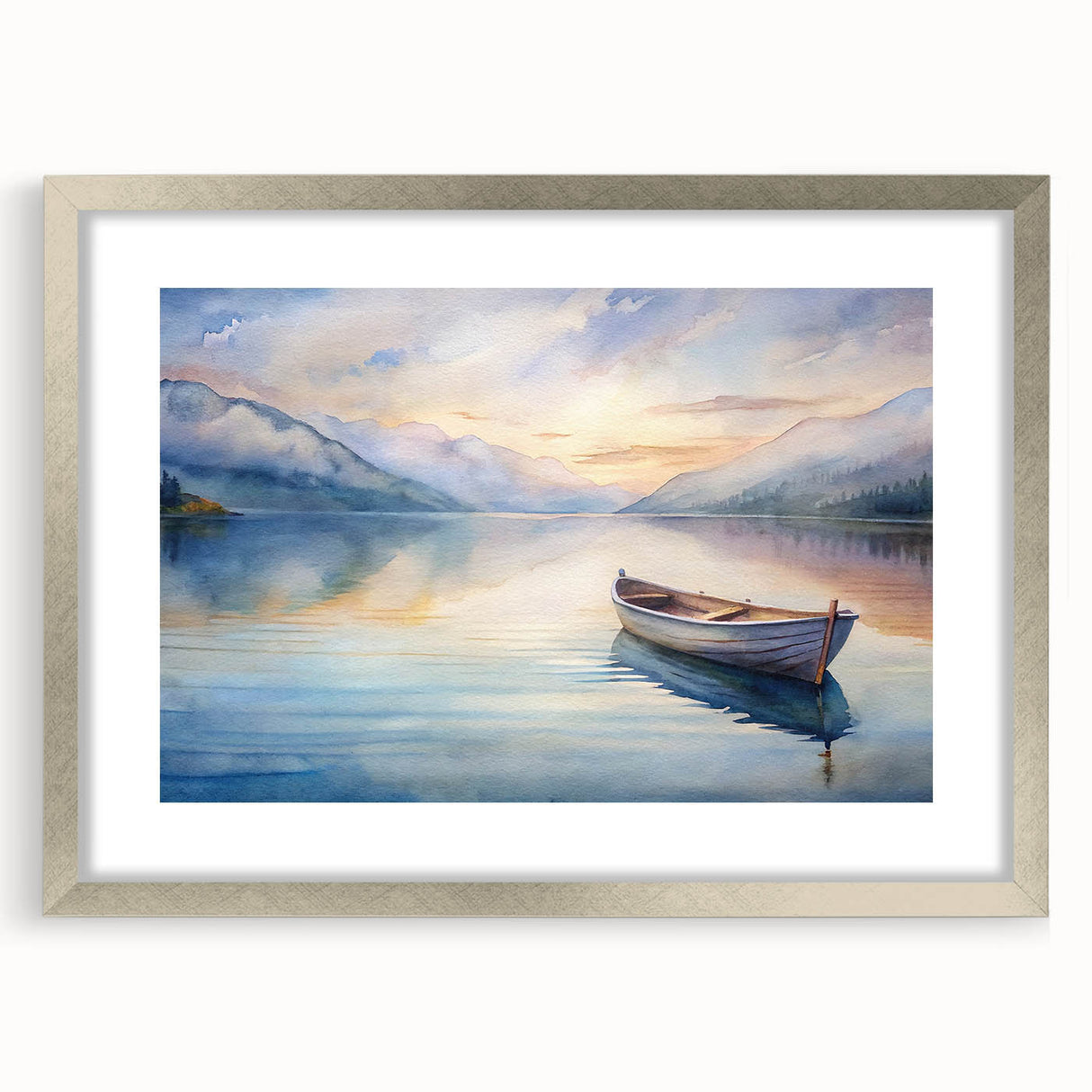Abstract art print of a rowboat in muted blue and gray tones on a framed canvas, suitable for bedroom or dining room decor.