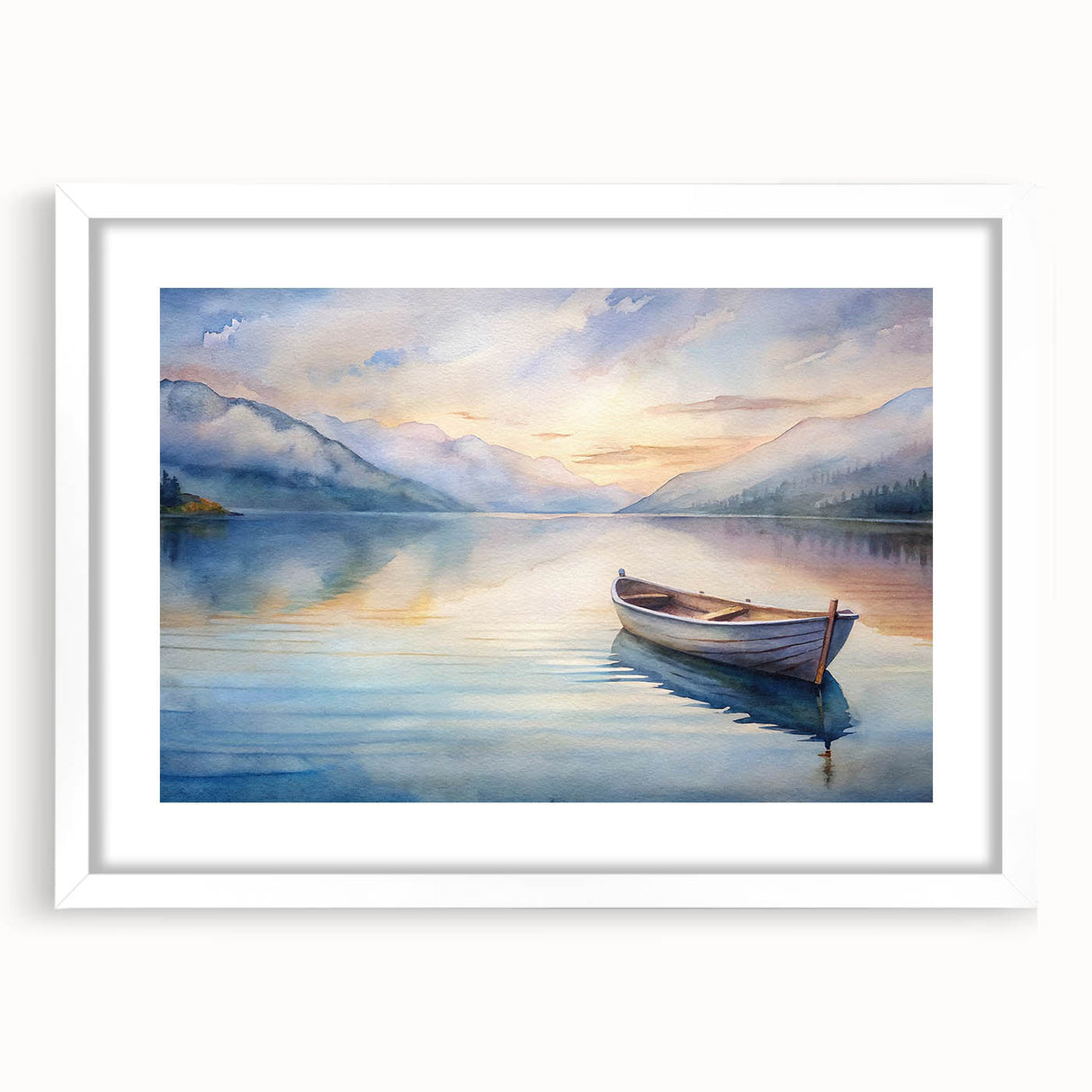 Extra large abstract art print of a rowboat in textured shades of blue and white, framed with a white mat.