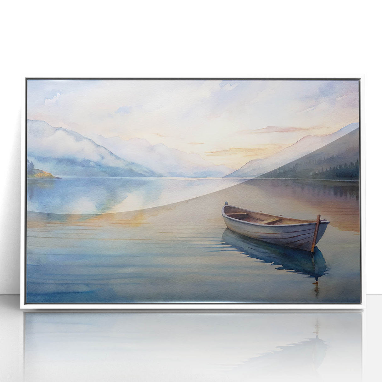 Mid-century modernist style rowboat image in muted blue and white tones, acrylic print framed in white.