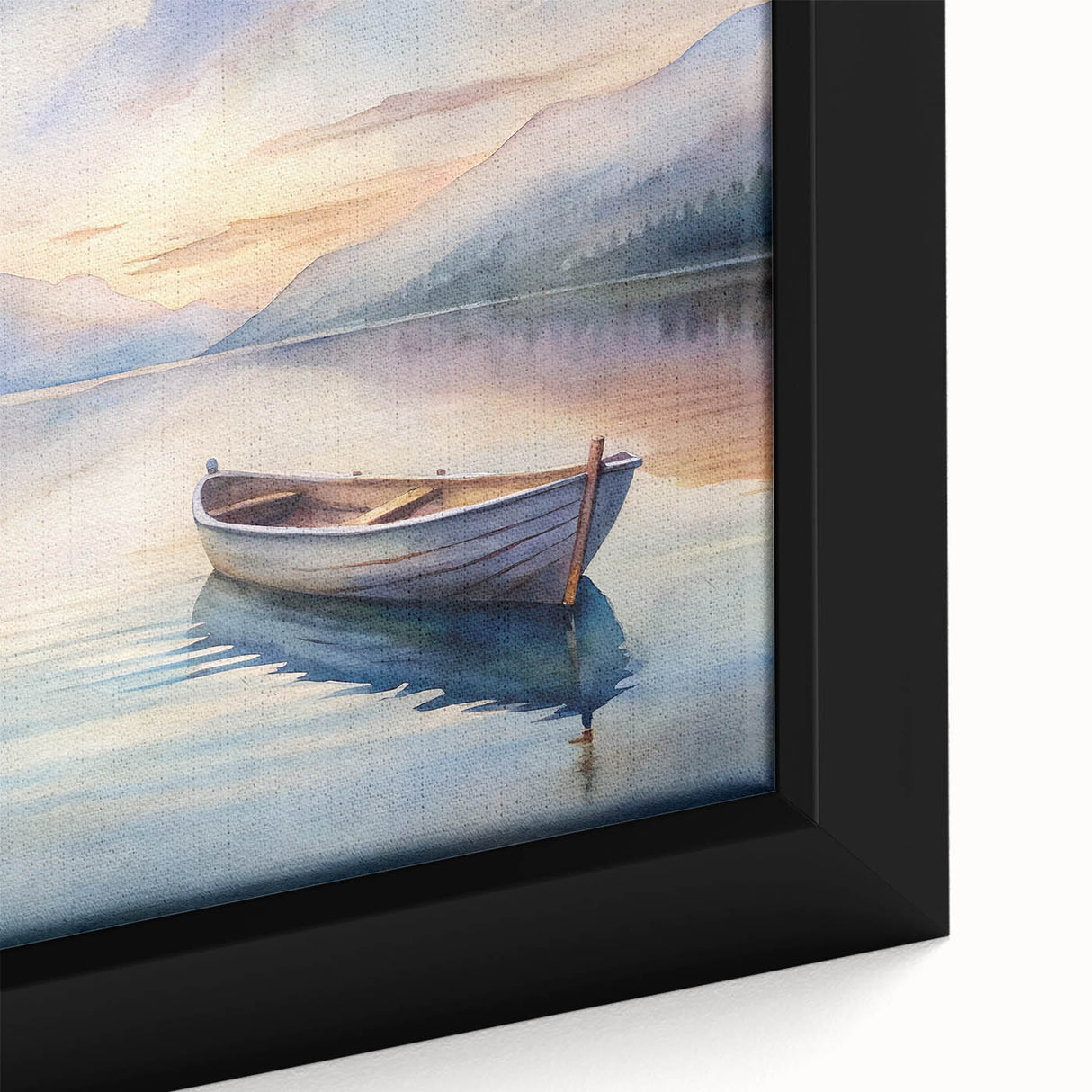 Extra large framed canvas depicting a textured close-up of a black rowboat, with colorful art accents.