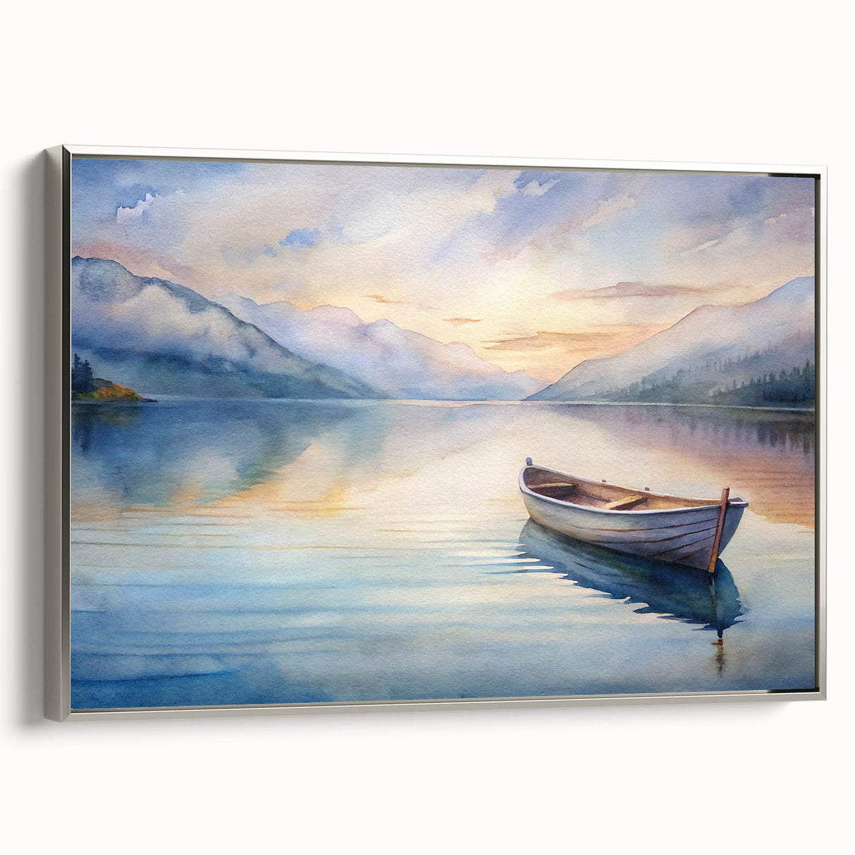 Vintage poster art of a rowboat on water, rendered in black and colorful shades on a silver-framed canvas.