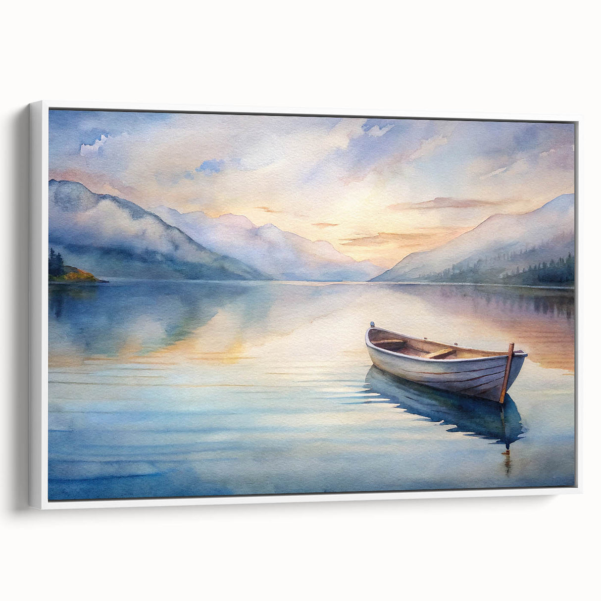 Framed canvas depicting a vintage-style rowboat landscape in black and white, ideal for bedroom wall art.