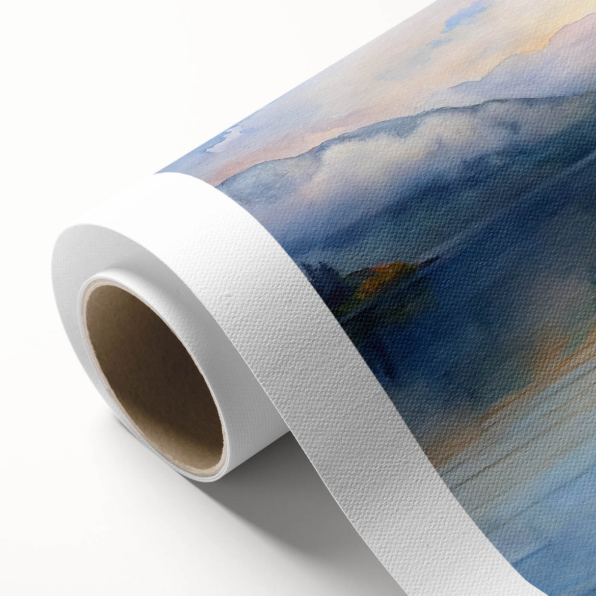 Art deco poster of a rowboat on calm water, rendered in muted blues and grays on rolled canvas, ideal for nursery wall art.