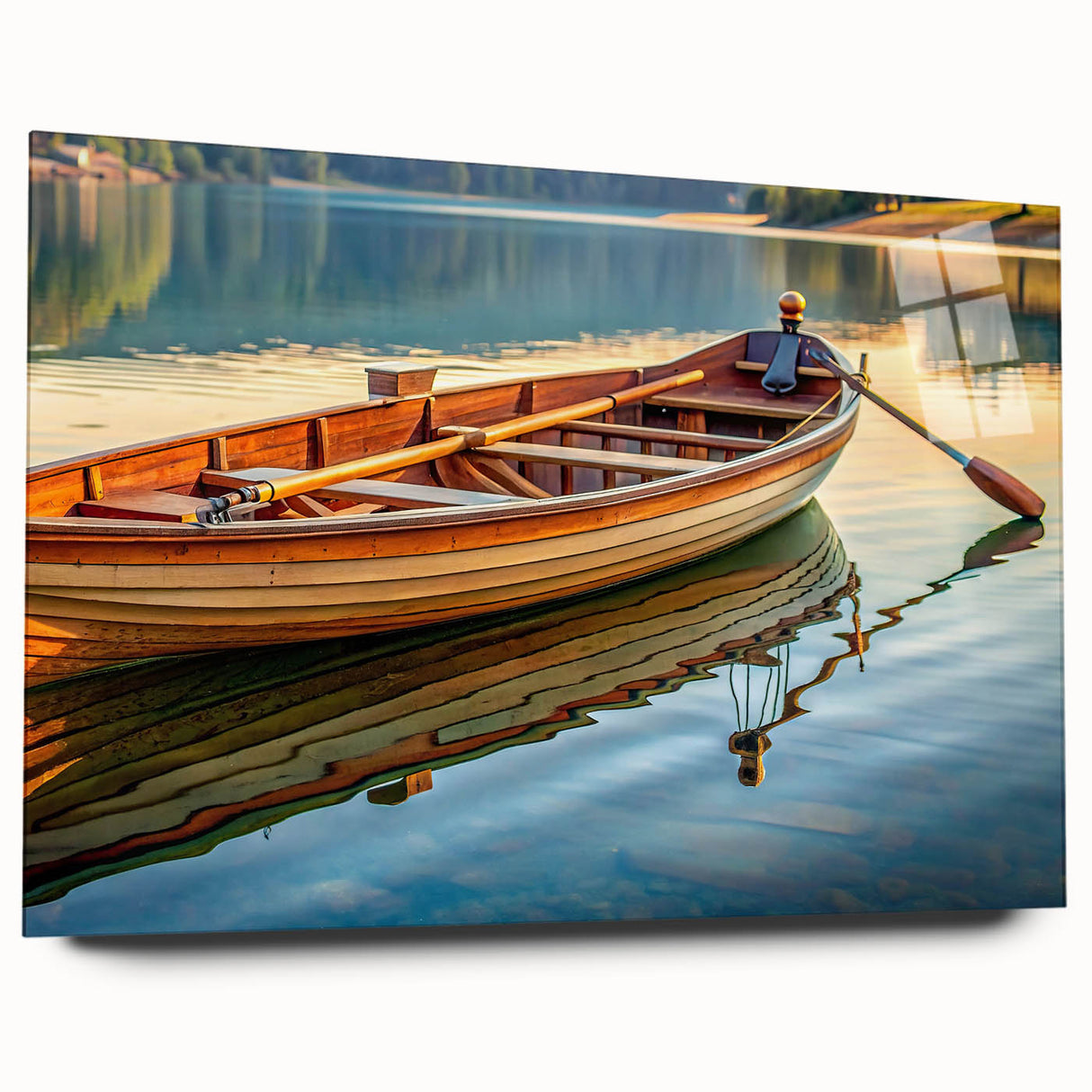 Acrylic print of a side view of a rowboat in muted earth tones, ideal for bedroom or dining room art.