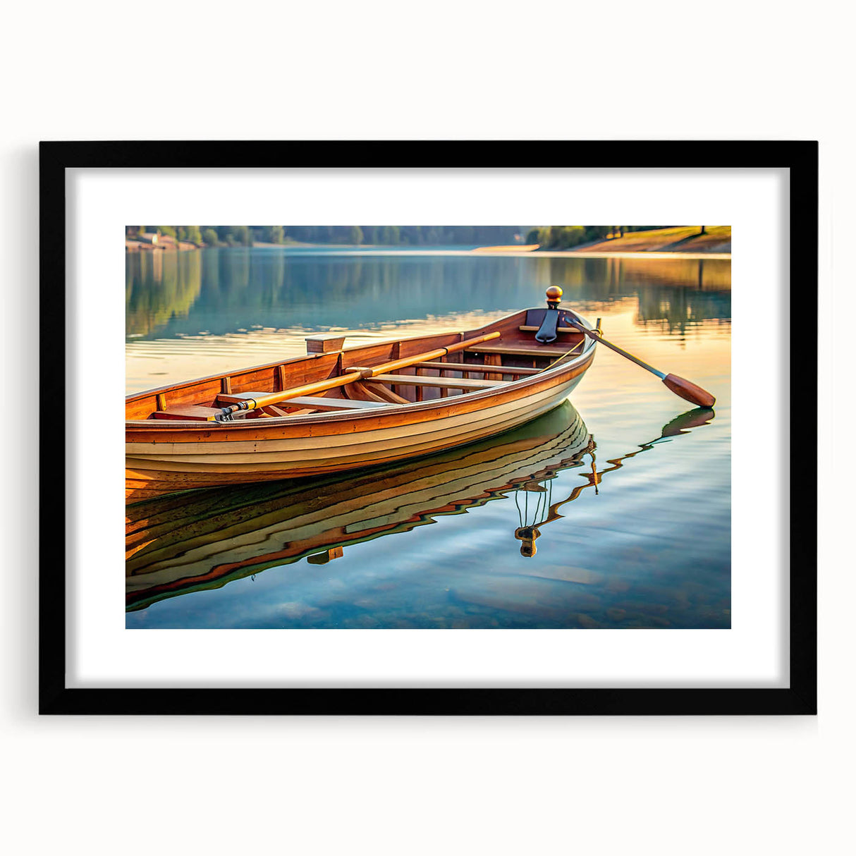 Colorful abstract art print of a rowboat, in vibrant blue and red tones on a large canvas, ideal for living room decor.