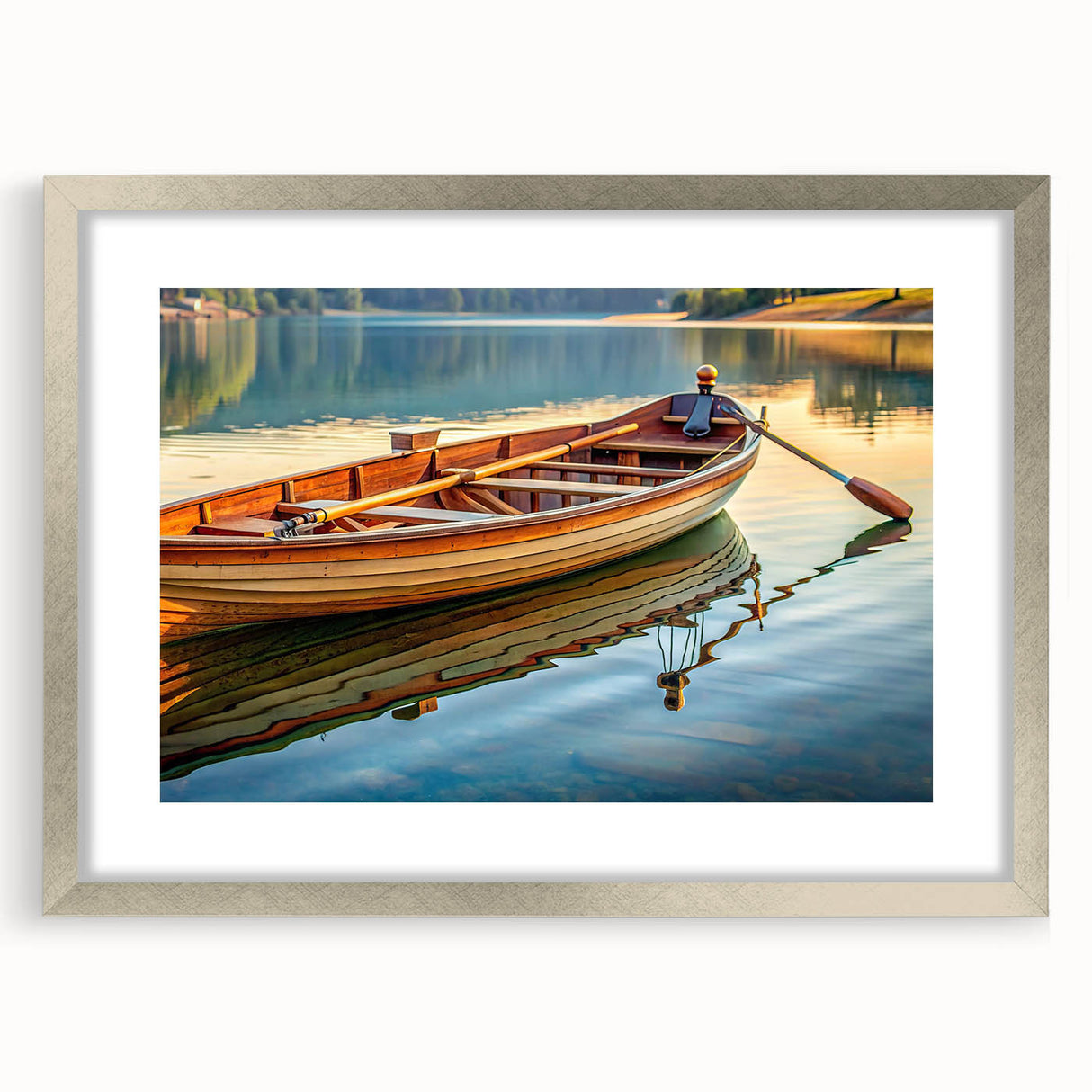 Abstract art print of a rowboat in muted gray and blue tones, framed in silver, ideal for dining room decor.