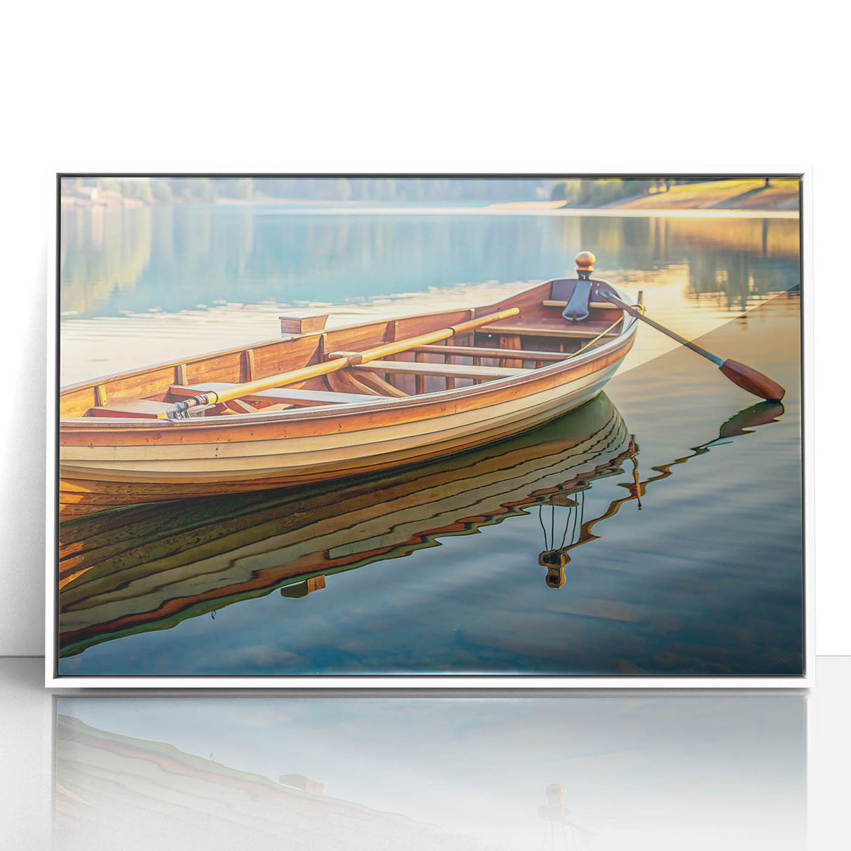 Mid-century modernist art featuring a simple rowboat design in muted blue and white tones on a framed acrylic print.