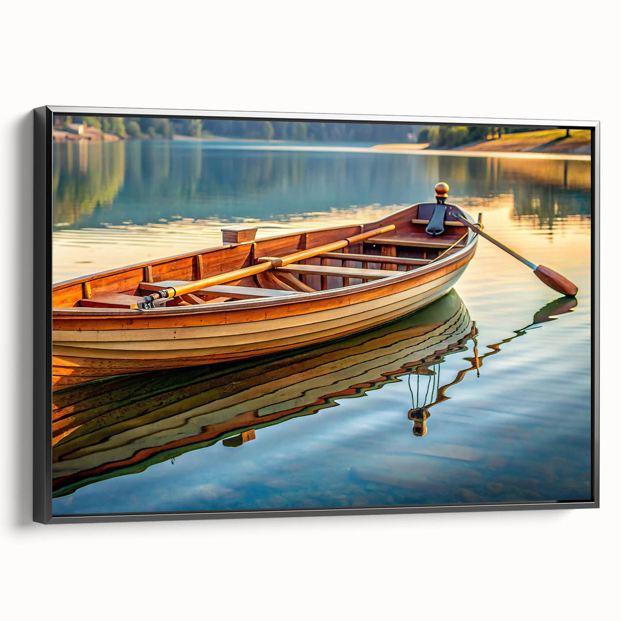 Black and white framed canvas of a vintage rowboat on calm water, ideal for bedroom wall decor.