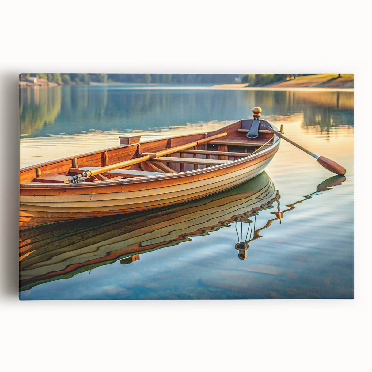 Black and white photo of a rowboat on water, printed on large stretched canvas, ideal for kitchen wall art.