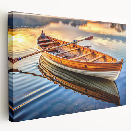 Side view of a rowboat on a stretched canvas in muted blue and gray tones, ideal for kitchen wall art.