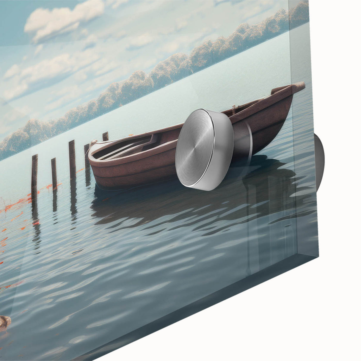 Large abstract wall art of a rowboat in muted blue tones on acrylic glass, suitable for dining room ambiance.