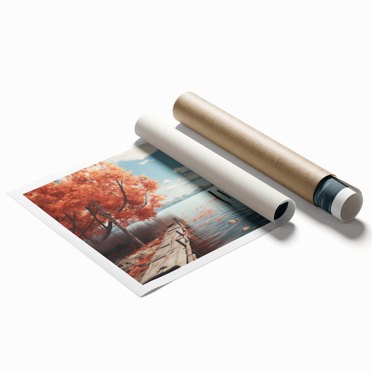 Extra large rolled print of a rowboat on calm water in muted blue and gray tones, ideal for classy bathroom wall decor.