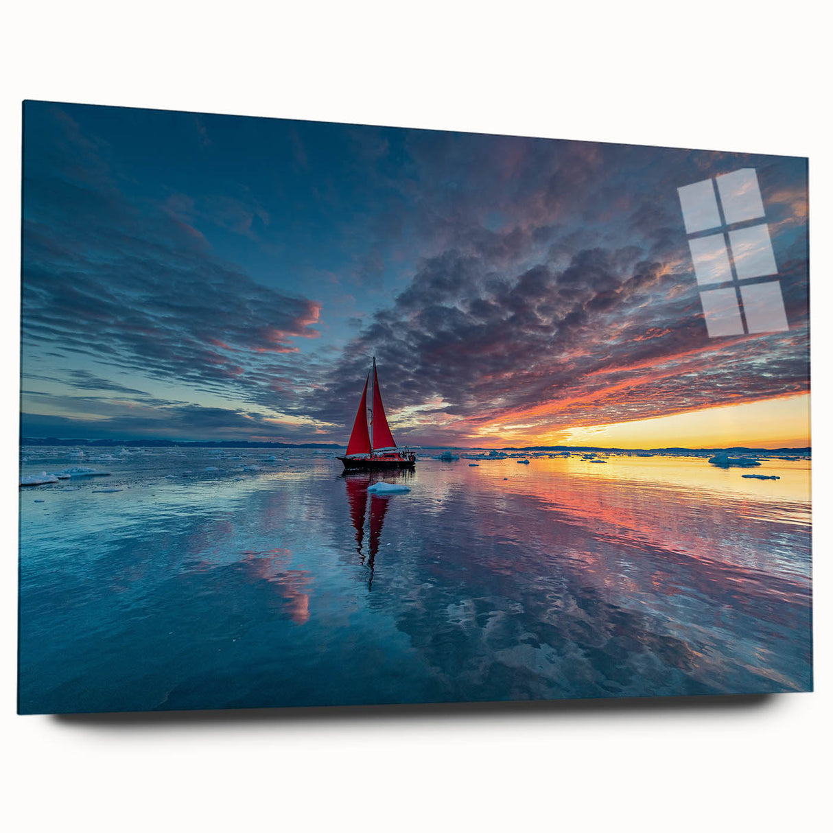 Acrylic print of a large abstract sailboat in shades of blue and white, suitable for bedroom or dining room decor.