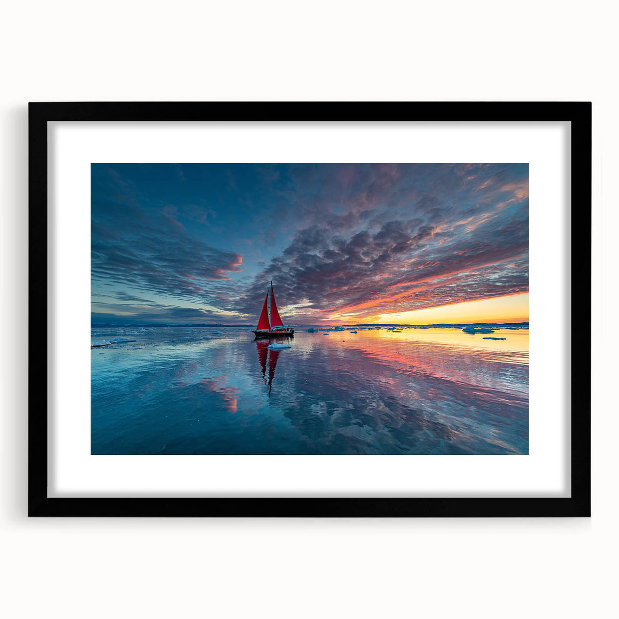 Abstract art print of a colorful sailboat on textured canvas, framed in black, ideal for living room decor.