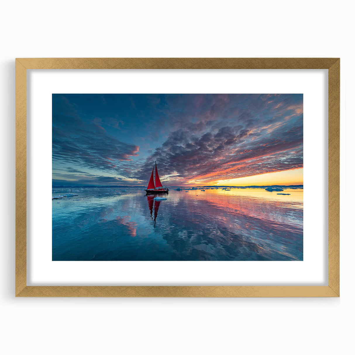 Textured art print of an abstract sailboat in muted blue and white, framed in gold, suitable for bedroom wall decor.