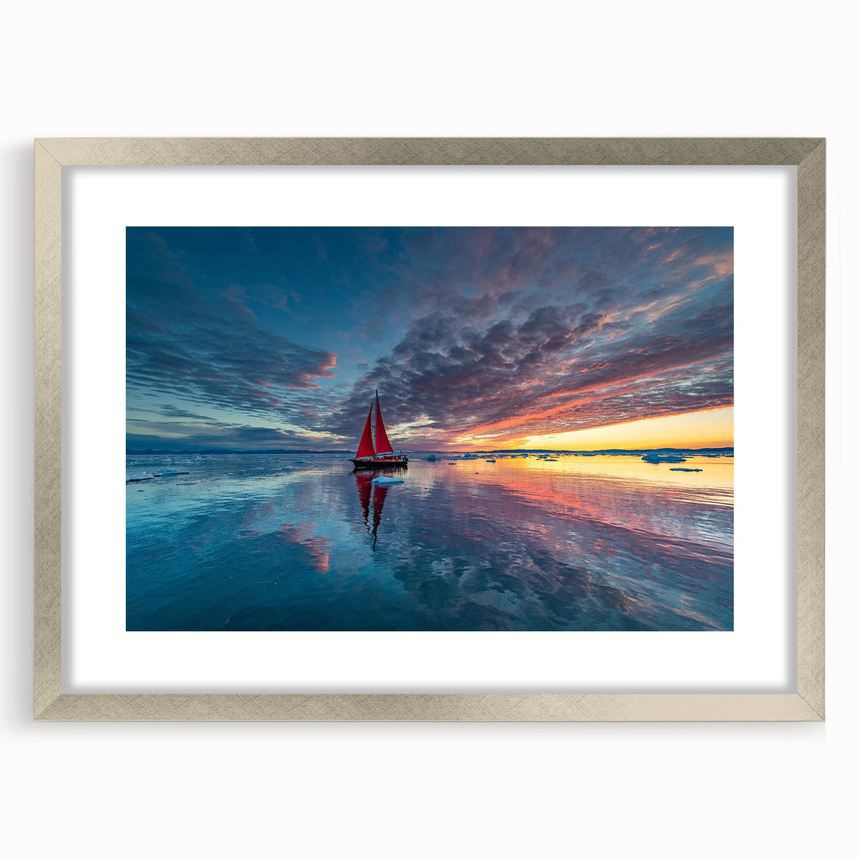 Abstract art print of a sailboat in pastel blue and gray tones on a framed silver mat, ideal for dining room decor.