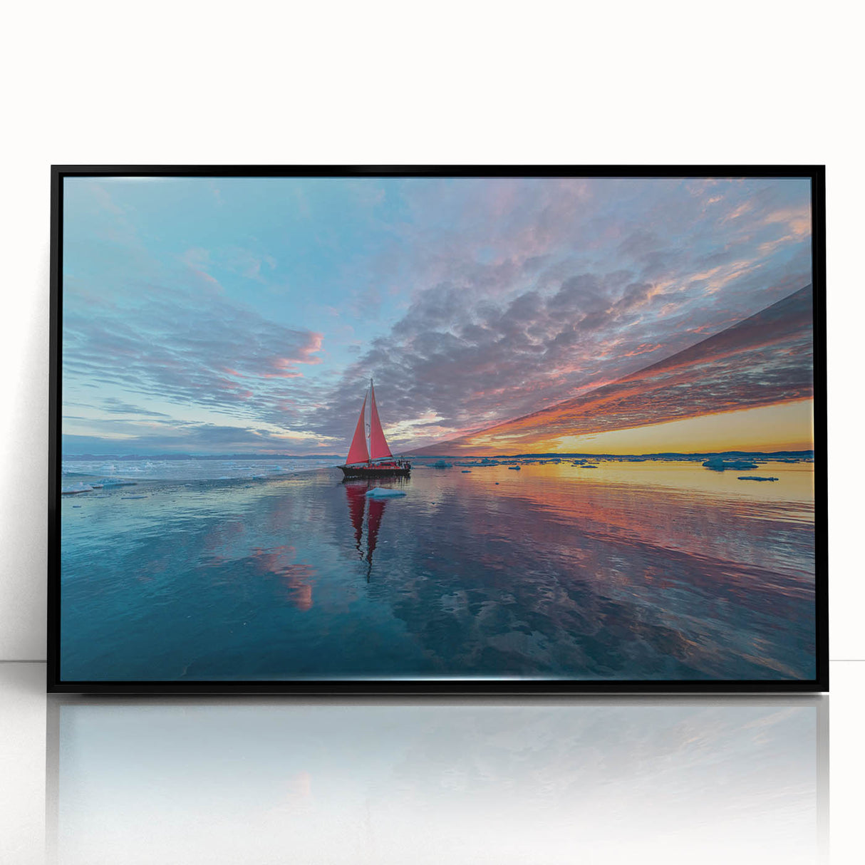 Large abstract wall art of a sailboat, rendered in mid-century modernist style with a monochrome color palette.