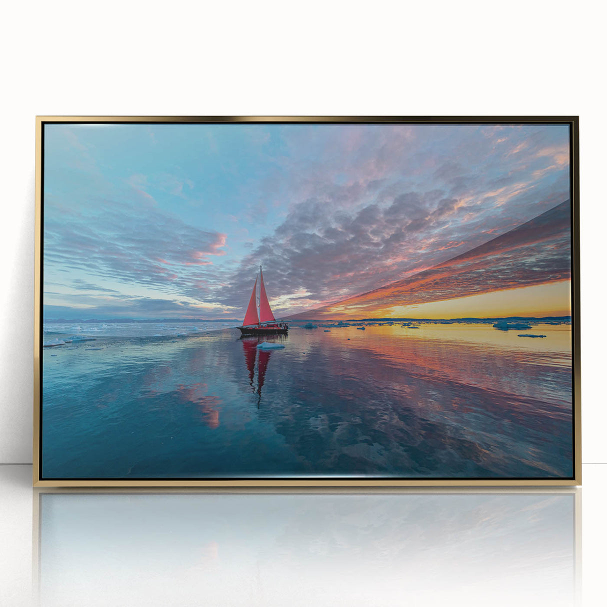 Mid-century modernist sailboat art in acrylic print with gold frame, featuring soft pastel hues, ideal for nursery wall art.