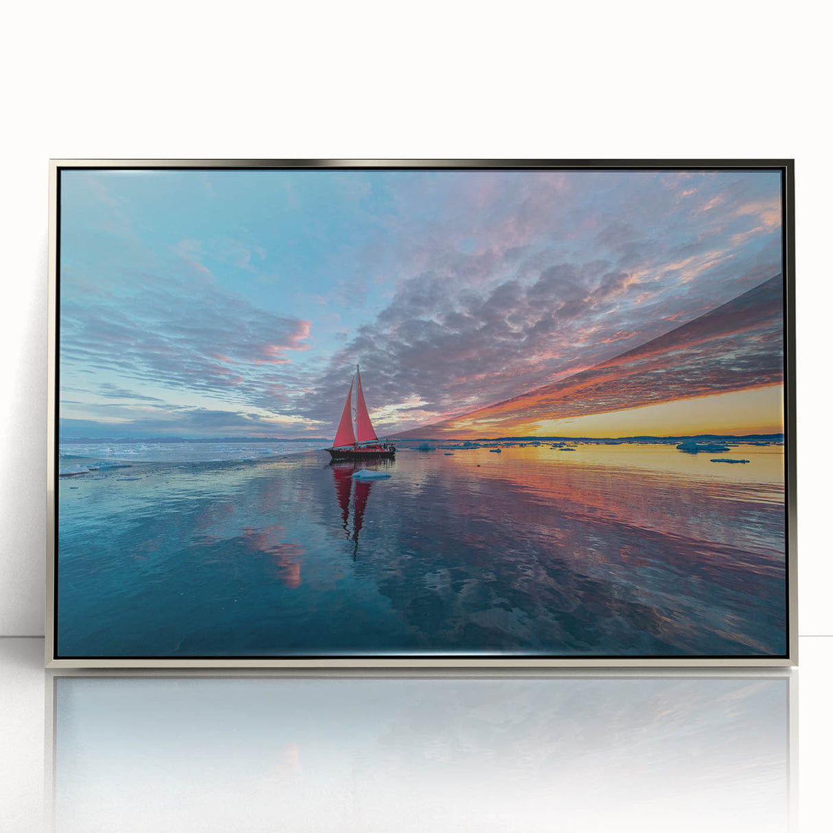 Framed acrylic print of an art deco style sailboat in muted blue and silver tones, ideal for modern art wall decor.