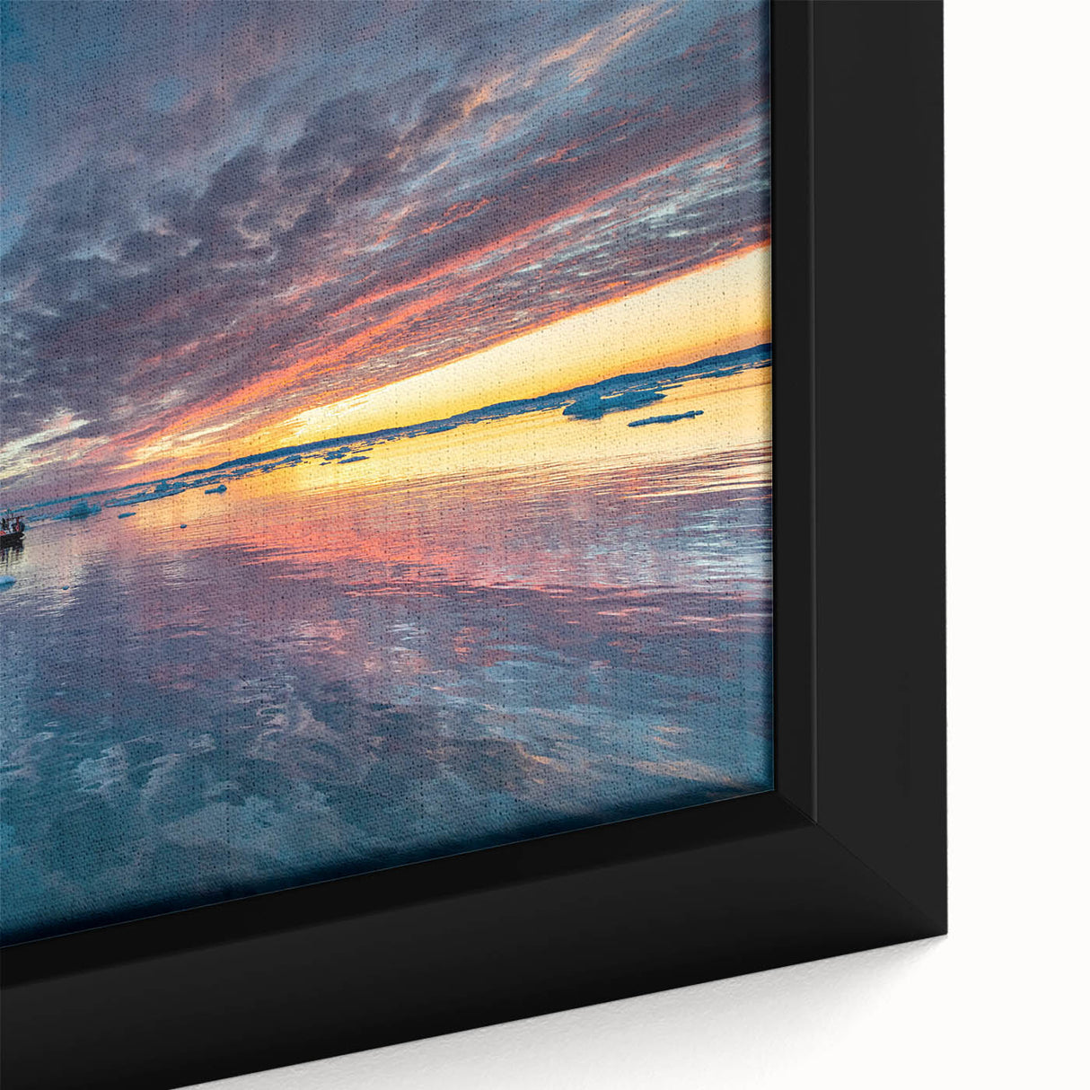 Framed canvas featuring a close-up of a sailboat in black with colorful, textured detailing.