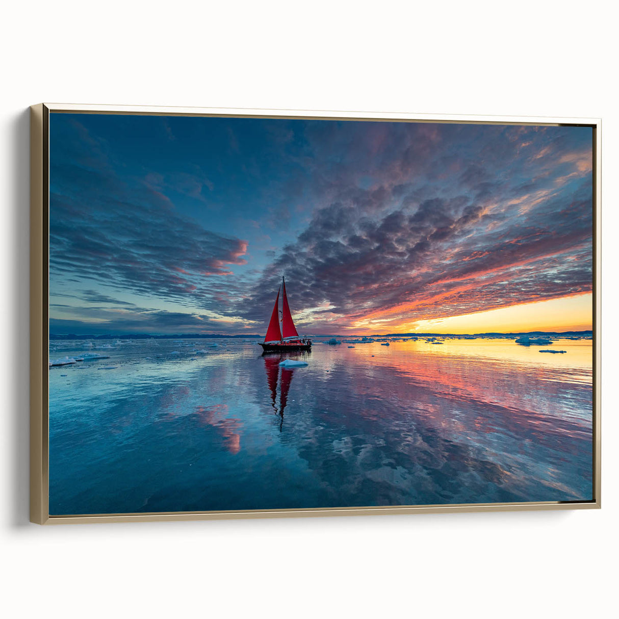 Framed canvas featuring a vintage sailboat on a colorful sea, ideal for enhancing a study or office space.