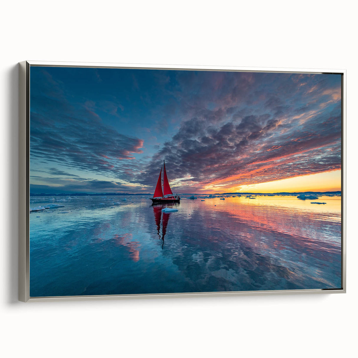 Framed canvas vintage poster art featuring a side view of a colorful sailboat on a black background.