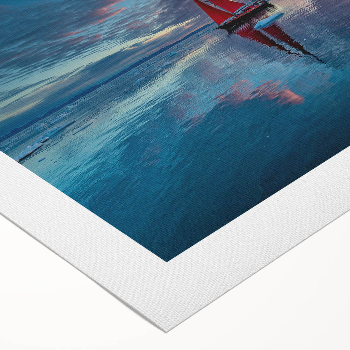 Art deco-style sailboat poster in soft pastel shades on rolled canvas, suitable for dining room wall art.