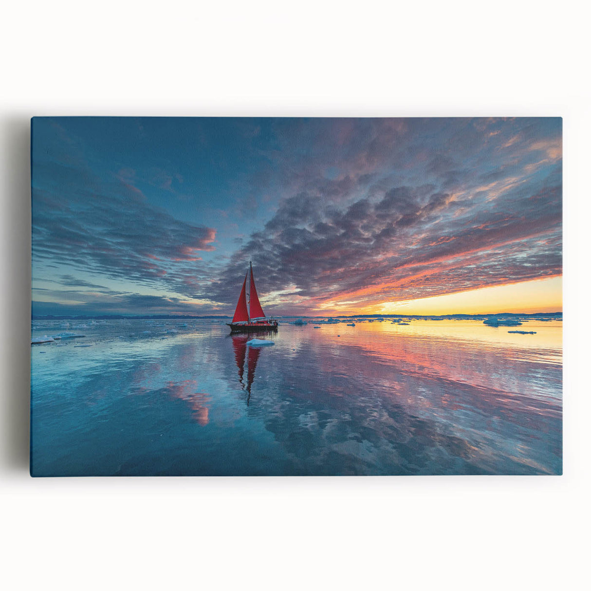 Black and white photo of a sailboat on calm waters, printed on large stretched canvas, suitable for kitchen wall art.