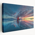 Sailboat on calm waters in muted blue and white hues on stretched canvas, suitable for kitchen wall art.